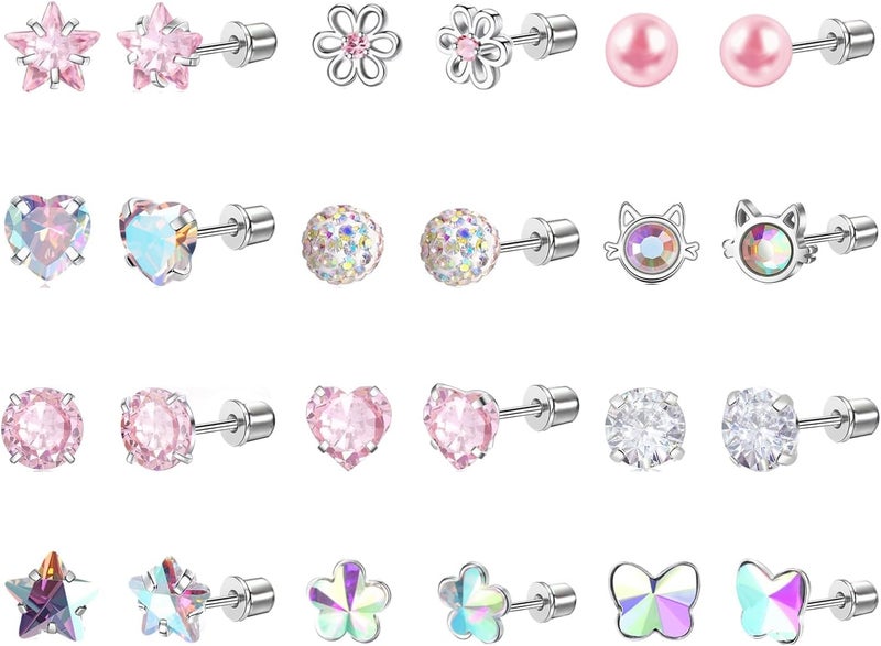 DALI 12 Pairs Toddler Earrings,Hypoallergenic Titanium Screw Back Earrings for Girls Women,Surgical Stainless Steel Cute Flower Pearl Star Cubic Zirconia Flat Back Stud Earrings for Sensitive Ears - Image 1